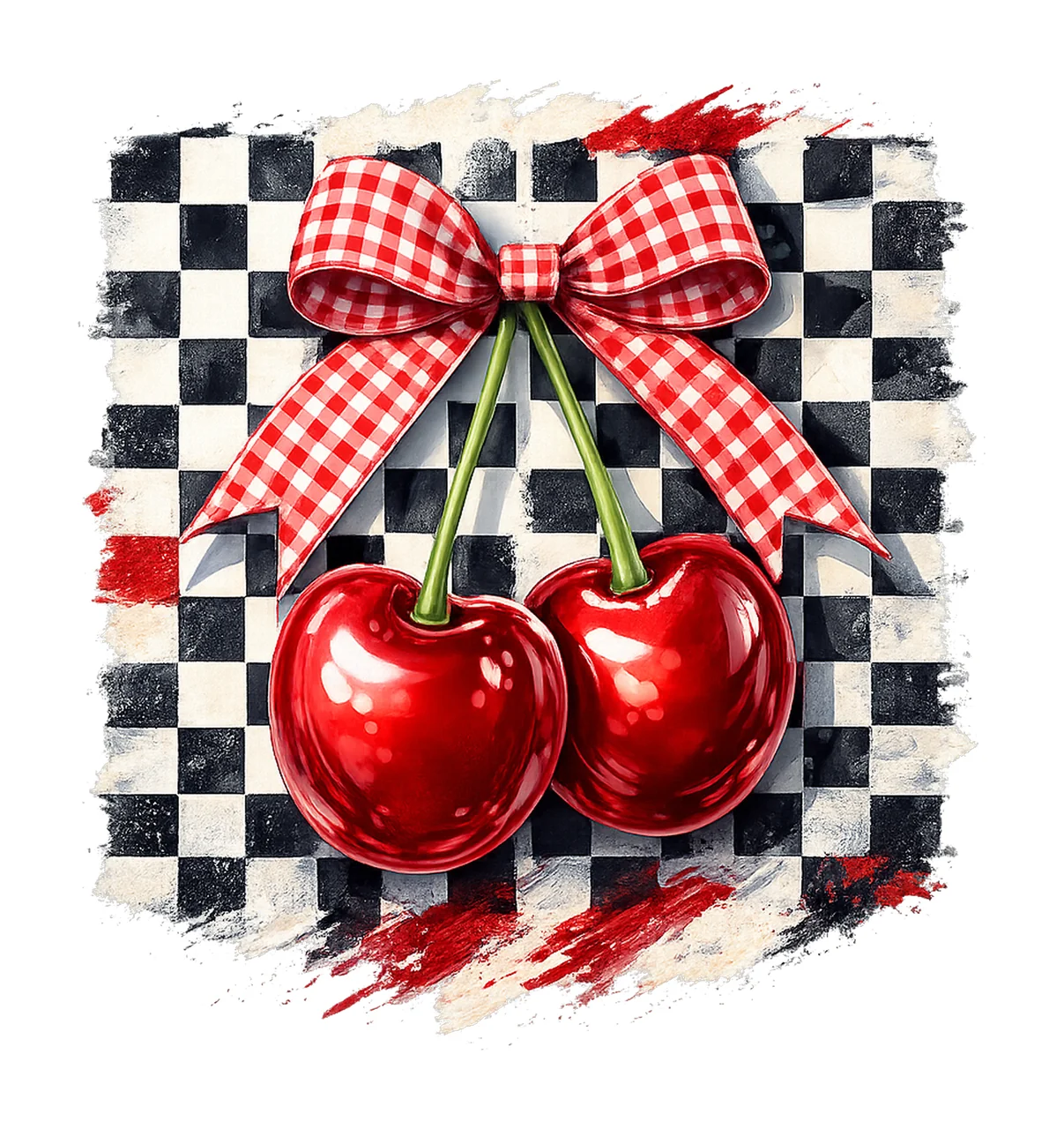 Cherry coquette checkers watercolor brushstroke design retro