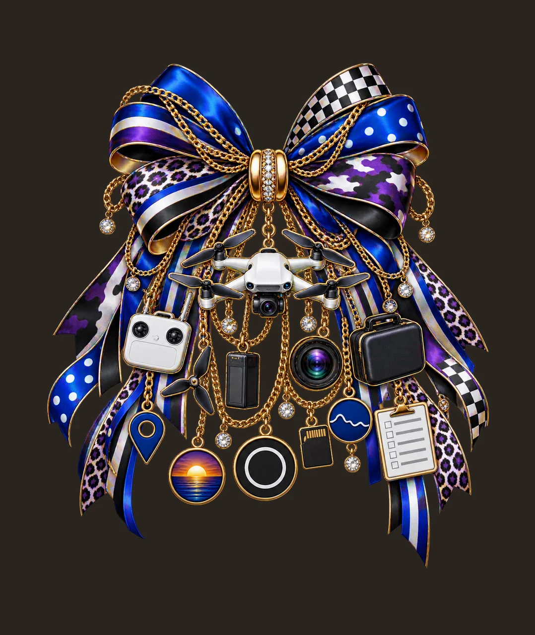 Drone Pilot Bow Charm PNG, Gold Chain Charms, Transparent Sublimation Design, Digital Download contrast preview thumbnail