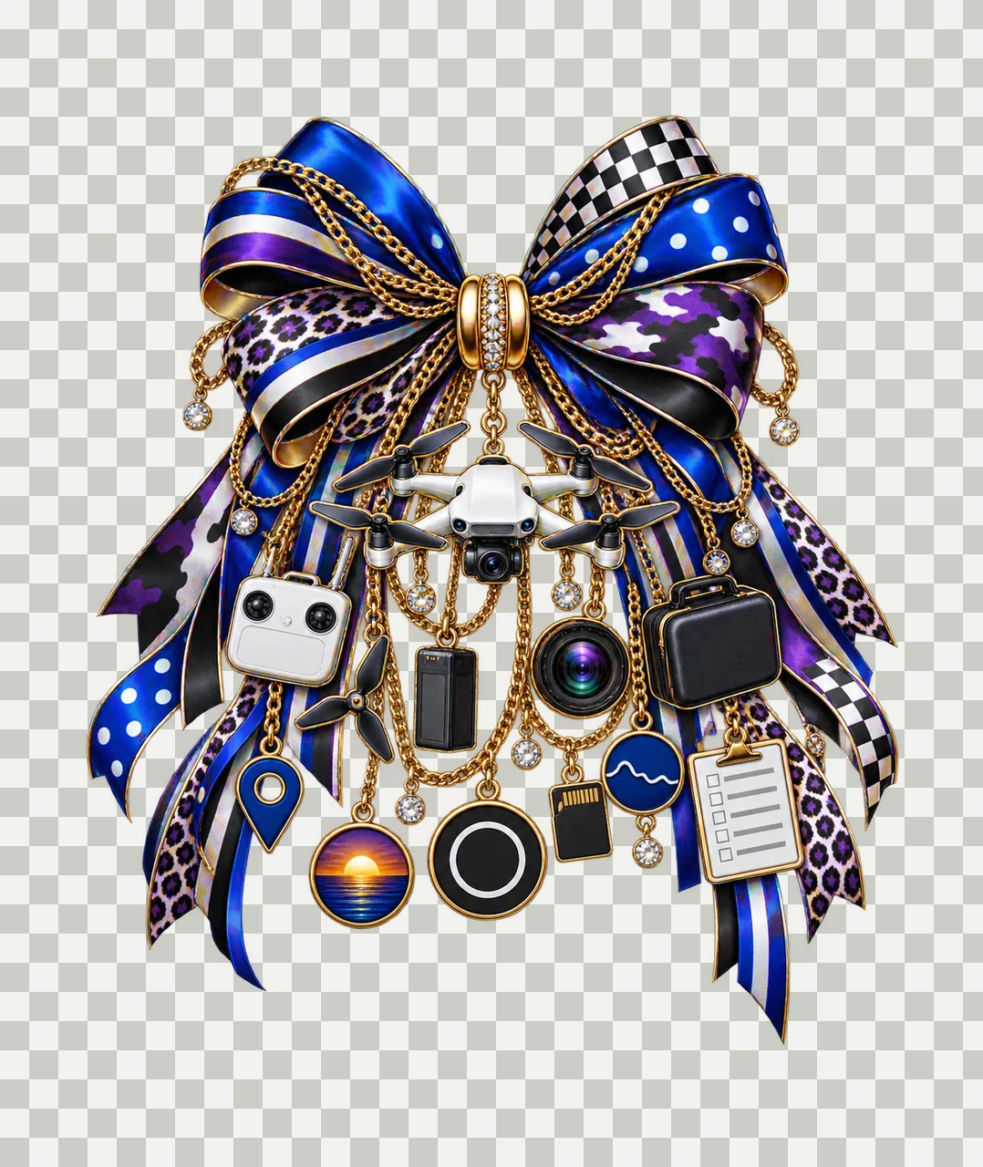 Drone Pilot Bow Charm PNG, Gold Chain Charms, Transparent Sublimation Design, Digital Download transparency and detail preview thumbnail