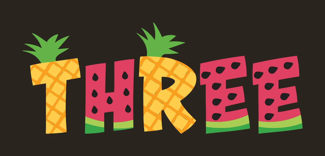 THREE Typography Design with pineapple pattern T letter, watermelon pattern H letter, green pineapple tops and watermelon seeds in yellow and pink contrast preview thumbnail
