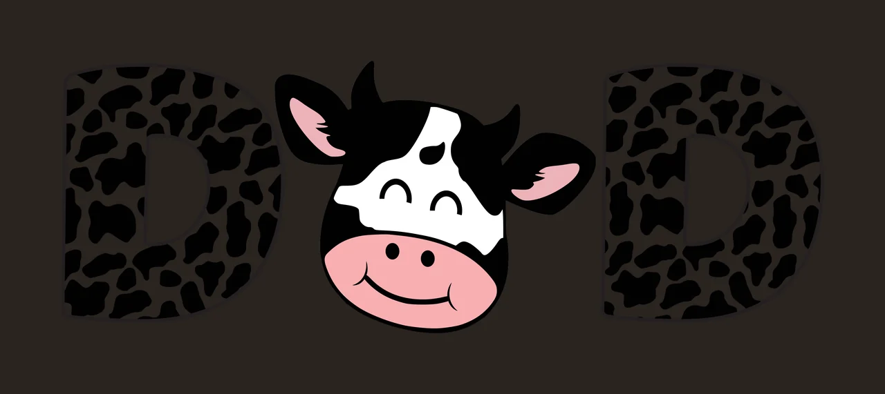 DAD Typography Design with letter D, cow print pattern, cartoon cow head and pink muzzle in black and white contrast preview thumbnail