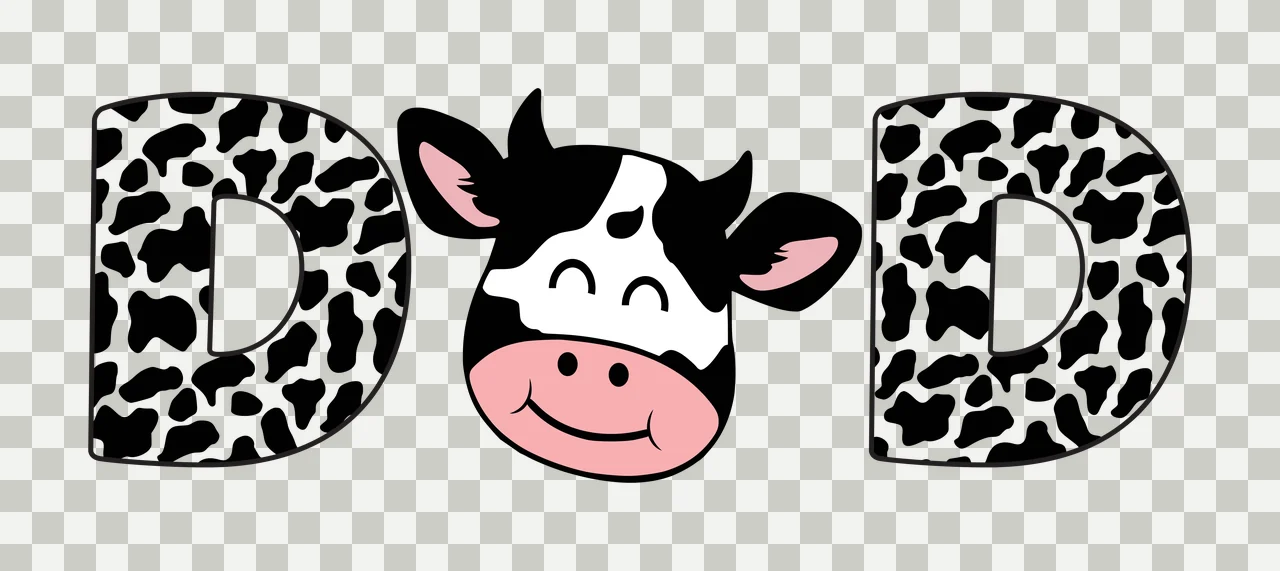 DAD Typography Design with letter D, cow print pattern, cartoon cow head and pink muzzle in black and white transparency and detail preview thumbnail