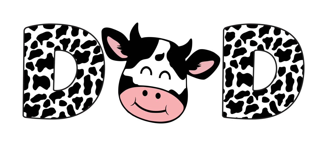 DAD Typography Design with letter D, cow print pattern, cartoon cow head and pink muzzle in black and white