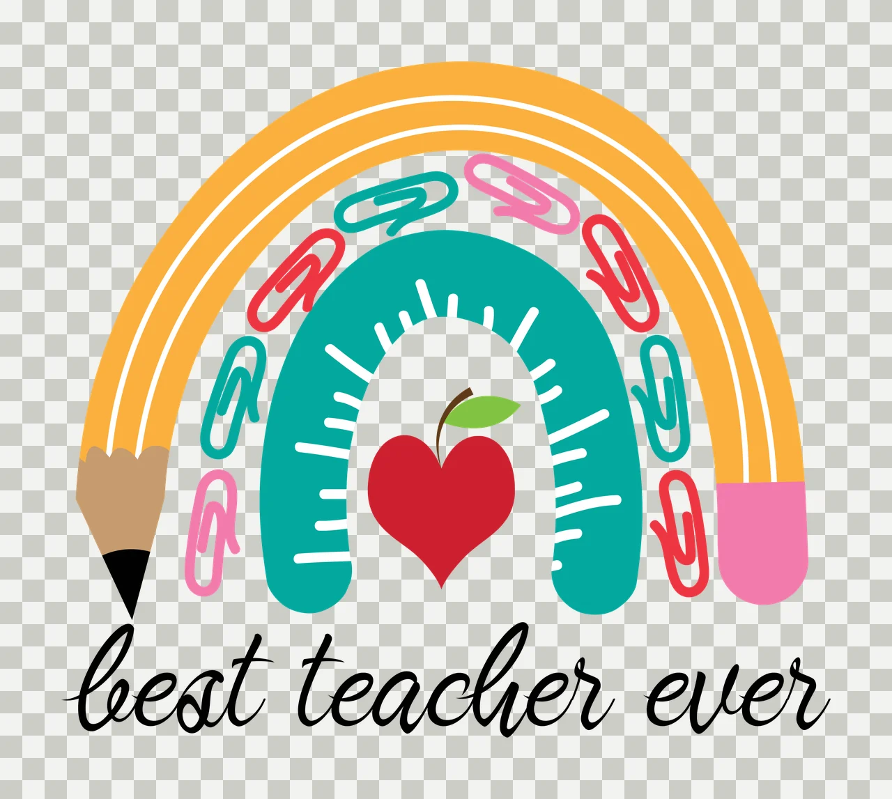 Best teacher ever teacher appreciation rainbow Design with pencil arch, colorful paperclips, teal ruler pattern and apple heart in yellow and pink transparency and detail preview thumbnail