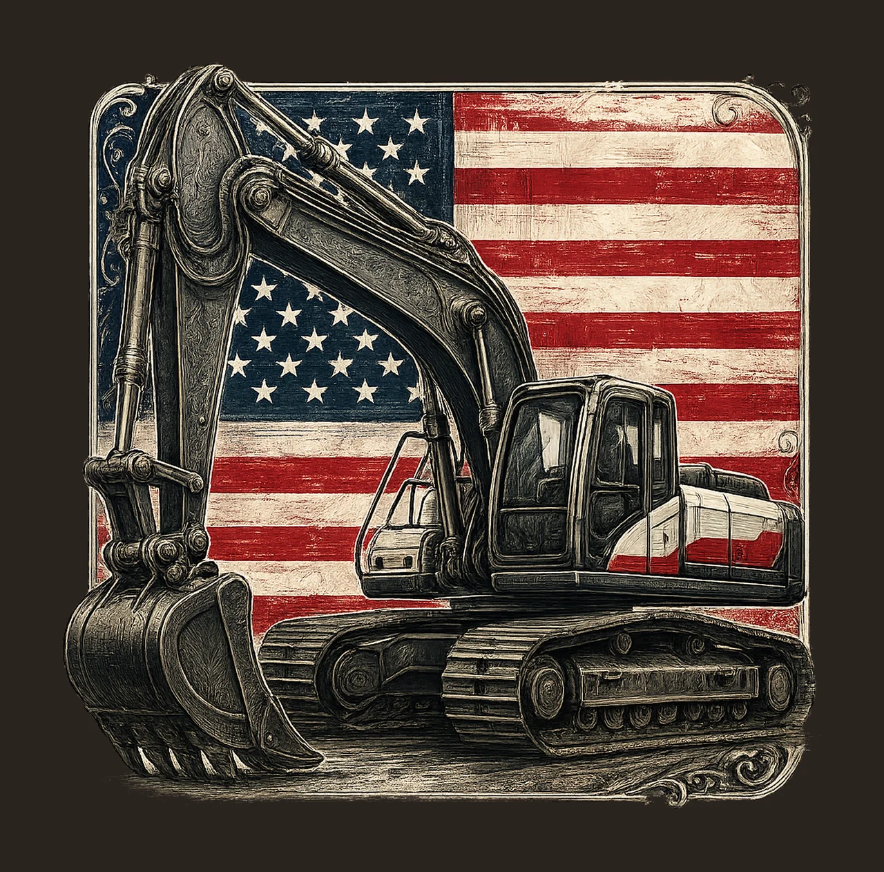American Excavator Sublimation Design USA Flag Construction contrast preview thumbnail