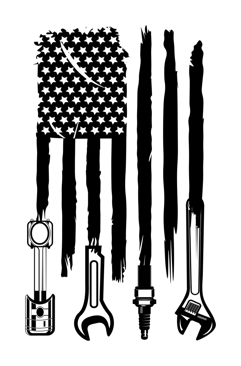 Flag Motif With Engine Mechanical Parts displaying star piston