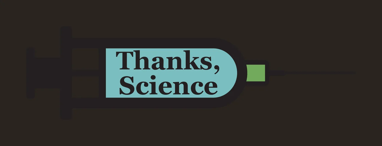 Thanks, Science Typography Design with black syringe body, teal barrel, green plunger and black needle contrast preview thumbnail