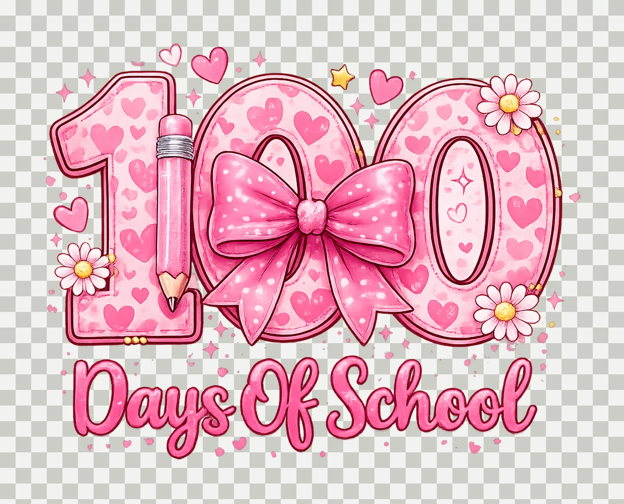 100 Days of School Pink Coquette Bow Pencil Heart Teacher transparency and detail preview thumbnail