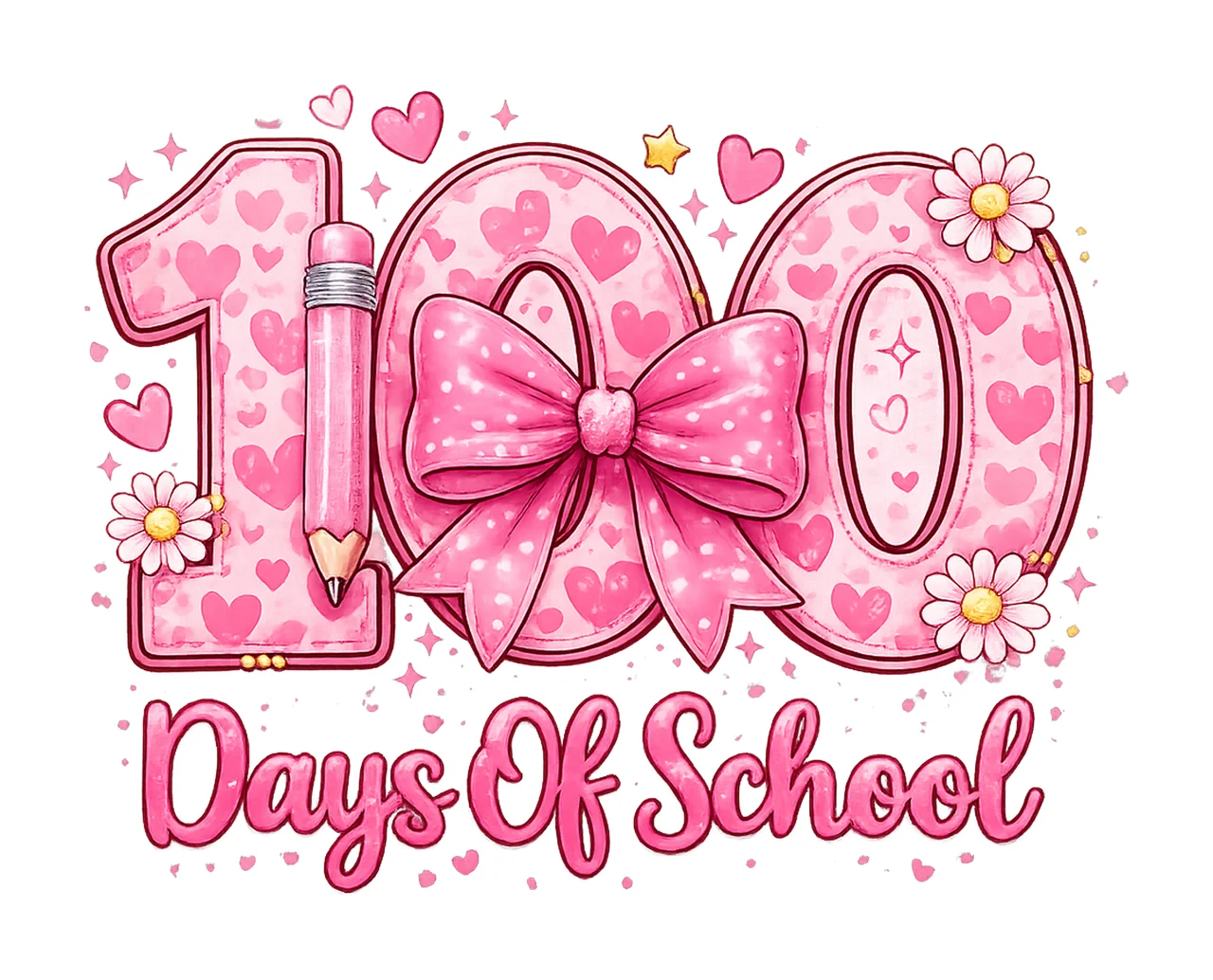 100 Days of School Pink Coquette Bow Pencil Heart Teacher
