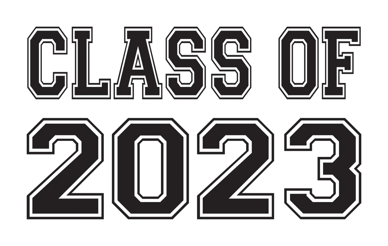 CLASS OF 2023 Typography Design with black lettering and white outlines