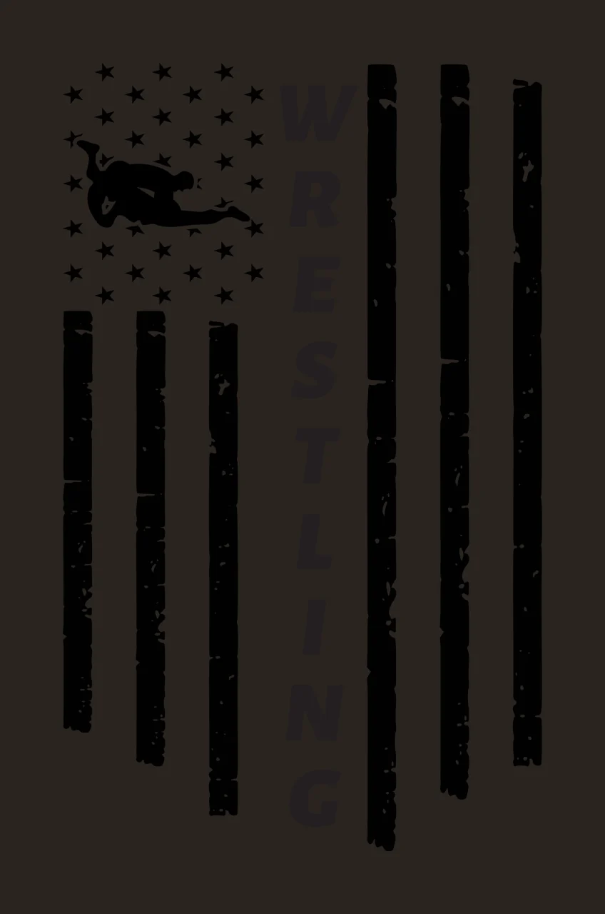 WRESTLING wrestler silhouette on American flag Design with wrestlers silhouette, stars, vertical stripes and text WRESTLING in black and white contrast preview thumbnail