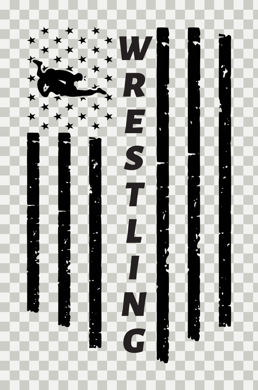 WRESTLING wrestler silhouette on American flag Design with wrestlers silhouette, stars, vertical stripes and text WRESTLING in black and white transparency and detail preview thumbnail