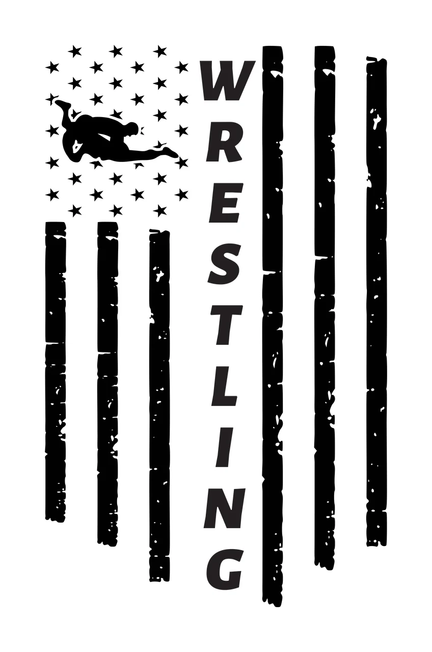 WRESTLING wrestler silhouette on American flag Design with wrestlers silhouette, stars, vertical stripes and text WRESTLING in black and white