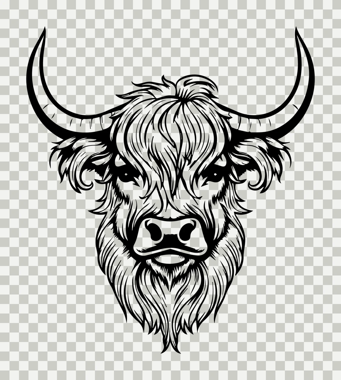 Highland Cattle Head With Horns shaggy hair ink illustration transparency and detail preview thumbnail
