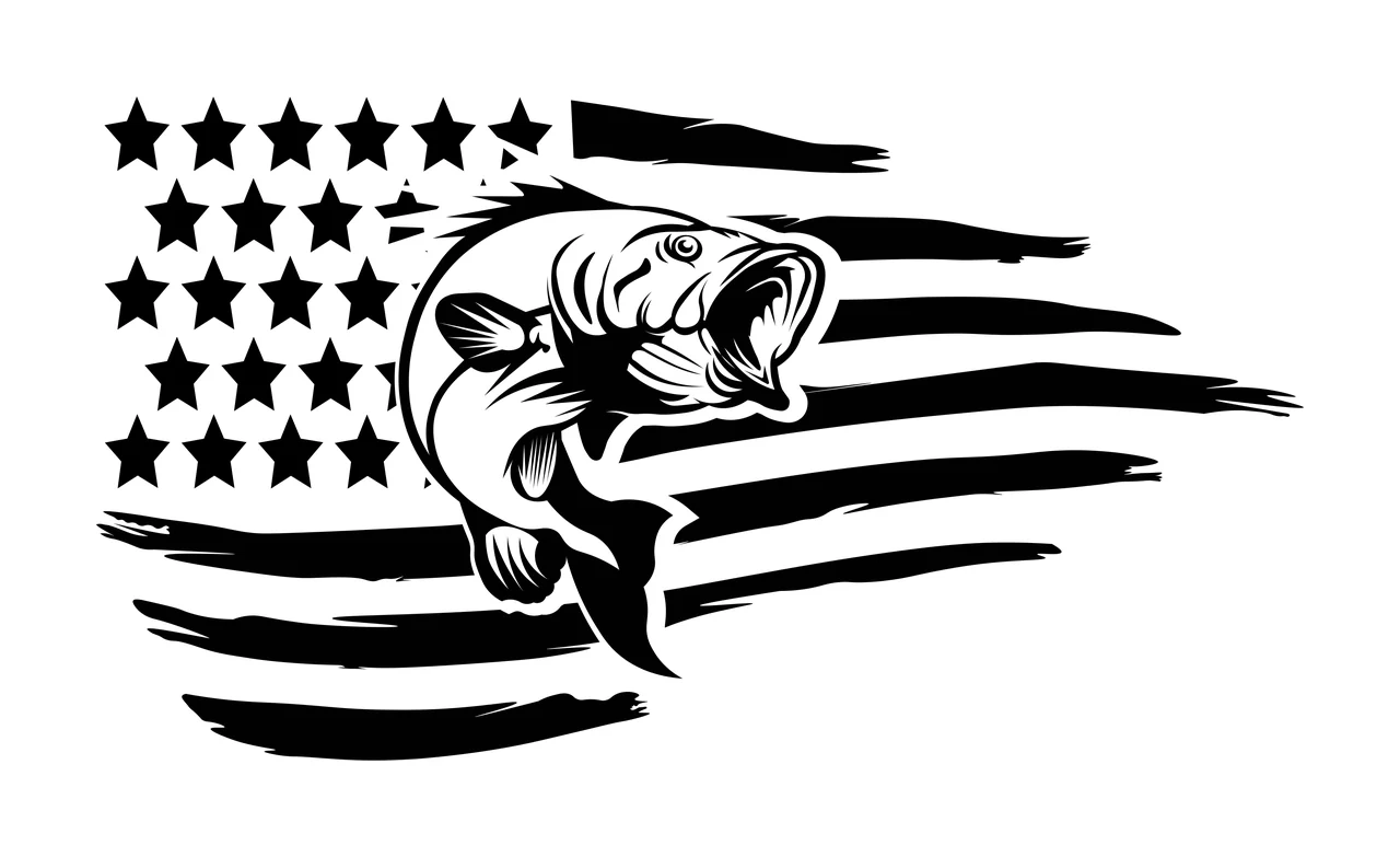 Fish Leaping Over American Flag Silhouette stars stripes black