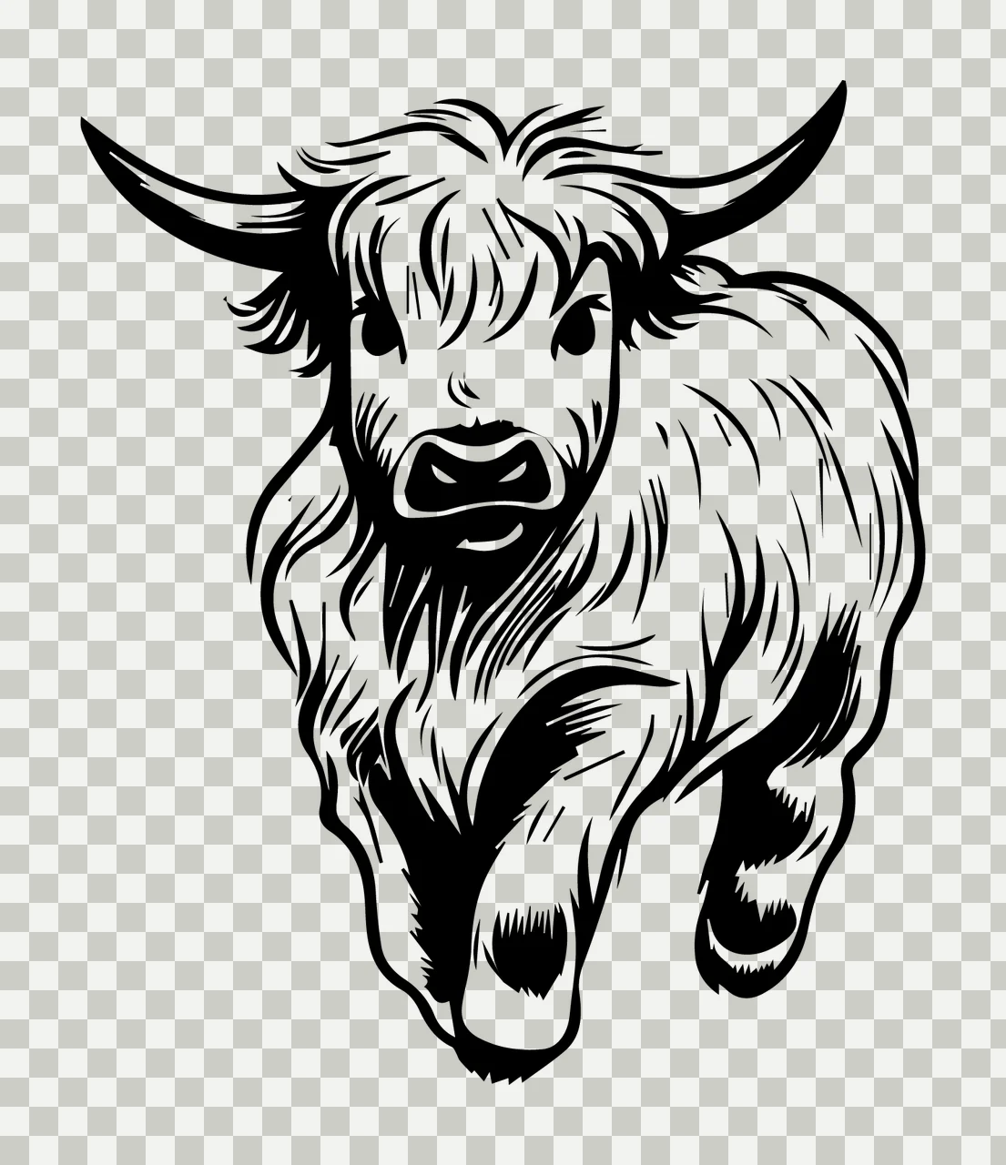 Highland Cow Black Silhouette Illustration running horns fur transparency and detail preview thumbnail