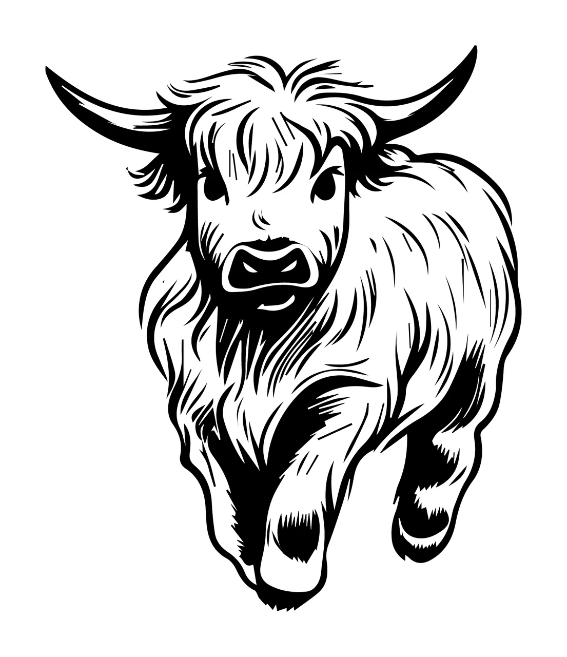 Highland Cow Black Silhouette Illustration running horns fur