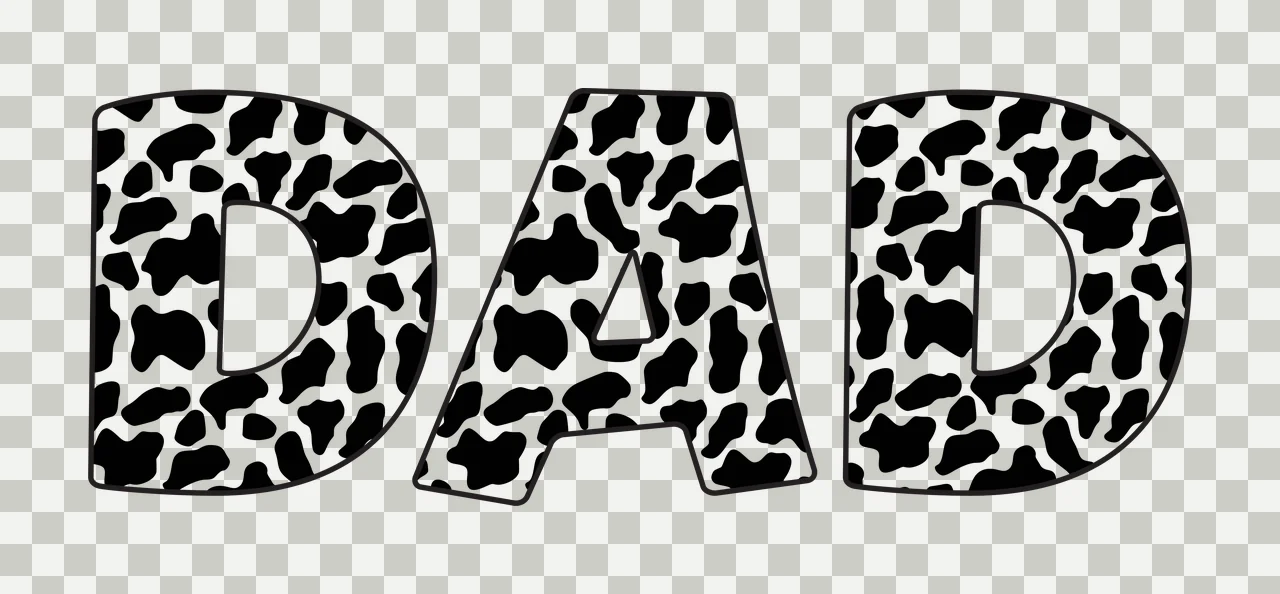 DAD Typography Design with letters D A D, cow print pattern, black outlines and black and white spots transparency and detail preview thumbnail