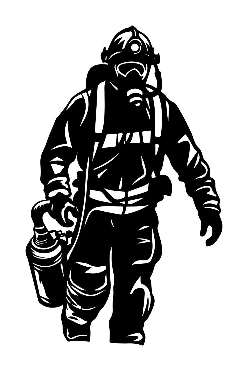 Firefighter In Protective Gear Walking helmet mask tank high contrast