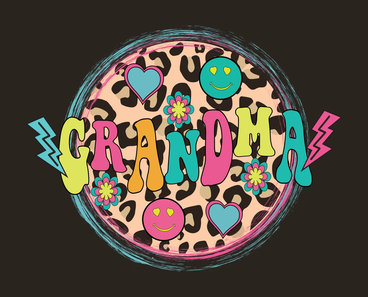 GRANDMA Grandma Design design with leopard print circle background, word 'GRANDMA' in multi-colored letters, blue heart with pink outline and teal smiley face with yellow eyes in leopard brown contrast preview thumbnail