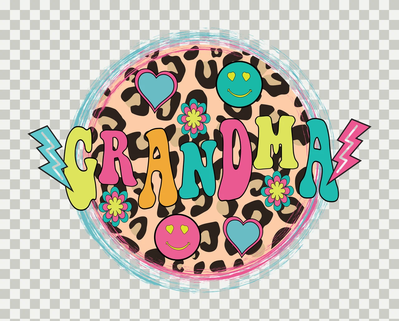 GRANDMA Grandma Design design with leopard print circle background, word 'GRANDMA' in multi-colored letters, blue heart with pink outline and teal smiley face with yellow eyes in leopard brown transparency and detail preview thumbnail