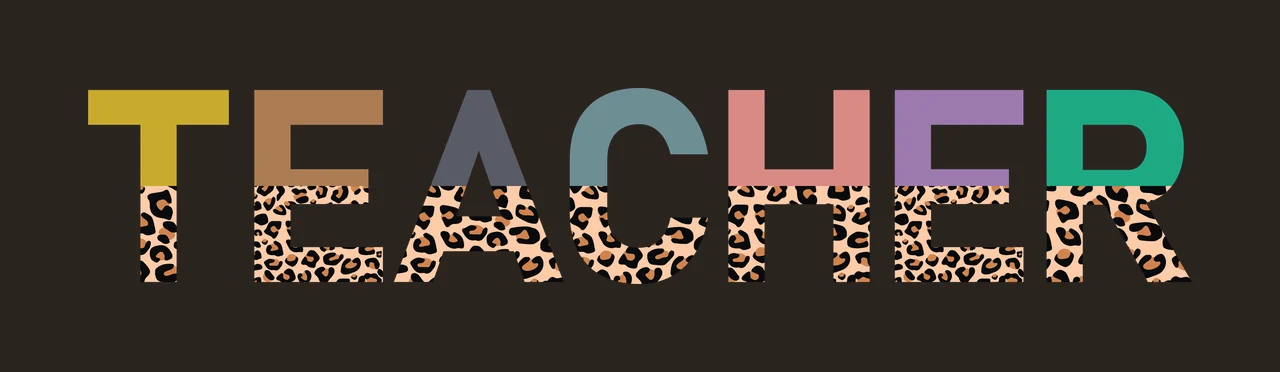 TEACHER Typography Design with T letter with yellow top and leopard print bottom, E letter with brown top and leopard print bottom, A letter with gray top and leopard print bottom and C letter contrast preview thumbnail