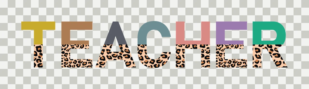 TEACHER Typography Design with T letter with yellow top and leopard print bottom, E letter with brown top and leopard print bottom, A letter with gray top and leopard print bottom and C letter transparency and detail preview thumbnail