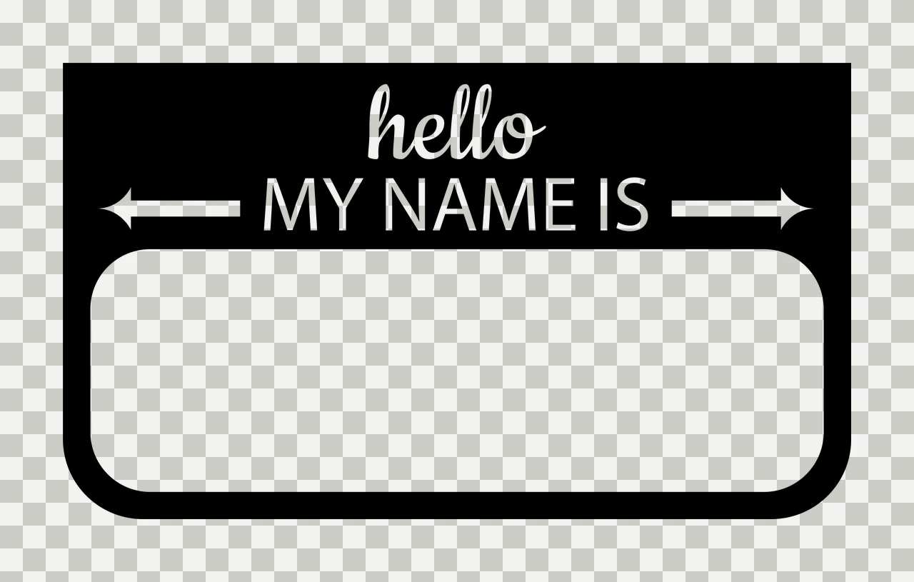 Hello MY NAME IS name tag label Design with rounded rectangle, script text, sans-serif text and horizontal arrows in black and white transparency and detail preview thumbnail