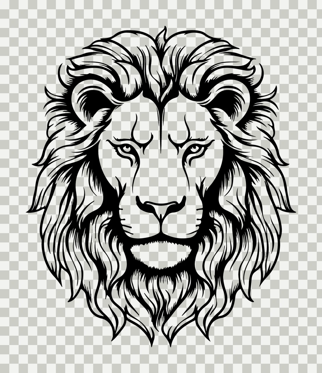 Lion Head Face Intricate Black Drawing facing forward mane transparency and detail preview thumbnail