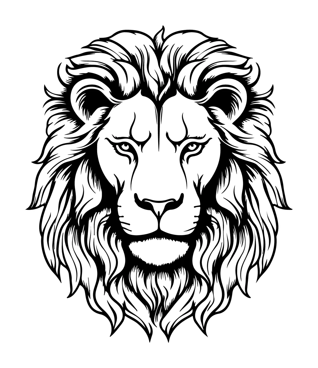 Lion Head Face Intricate Black Drawing facing forward mane