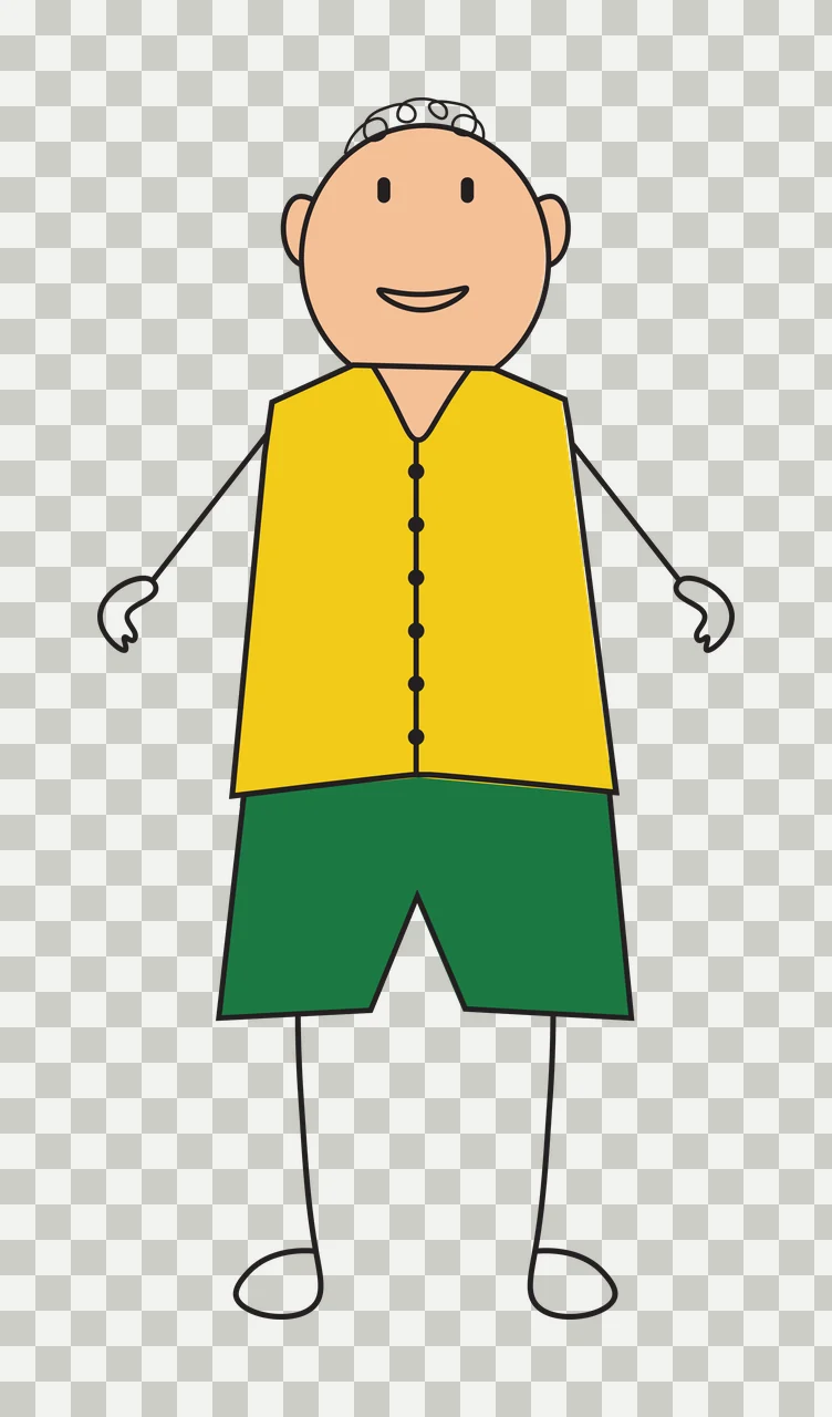 Cartoon Illustration of stick figure person with beige face, white hair, yellow vest and green shorts transparency and detail preview thumbnail