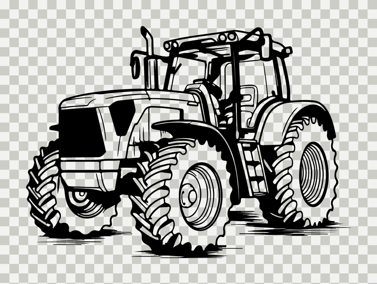 Large Farm Tractor In Line Drawing stationary wheels tires transparency and detail preview thumbnail