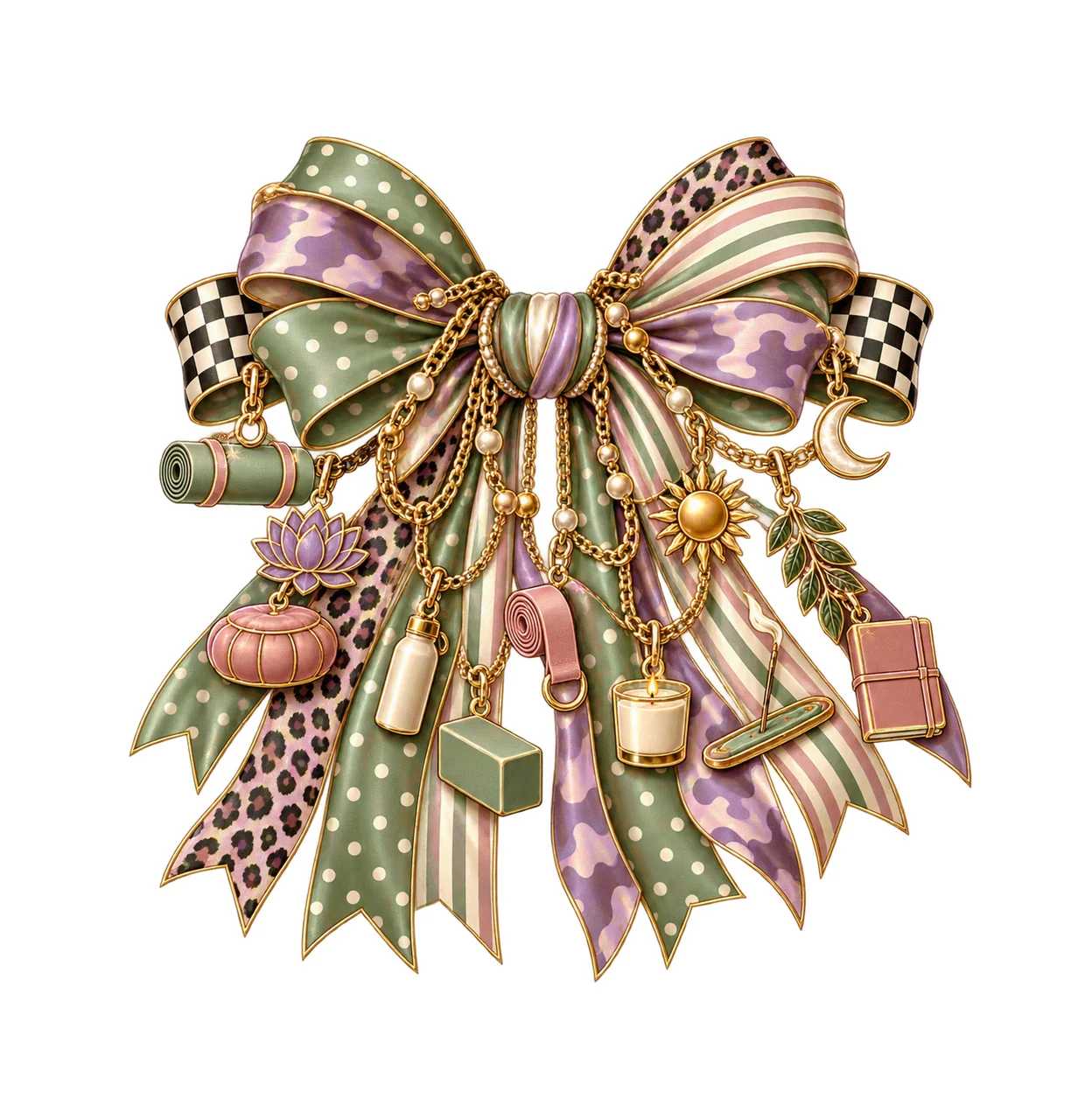 Yoga Lover Bow Charm PNG, Themed Gold Chain Charms, Coquette Ribbon Sublimation Design, Transparent Digital Download