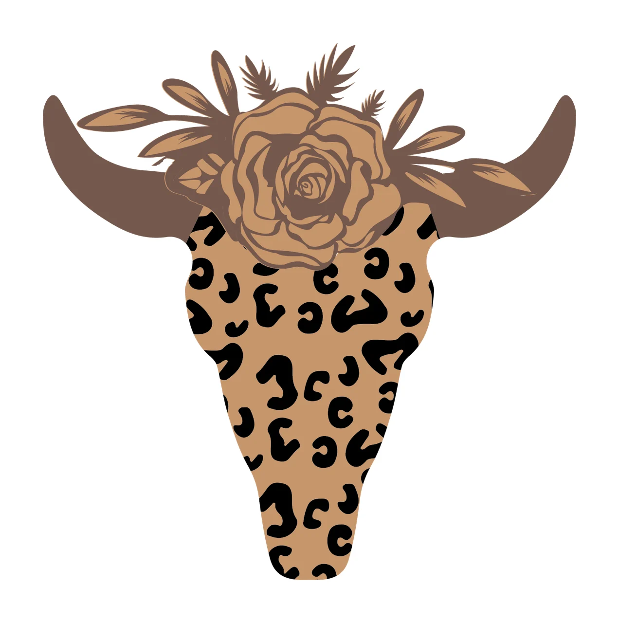 Horned Animal Skull Silhouette With Leaves horns black white