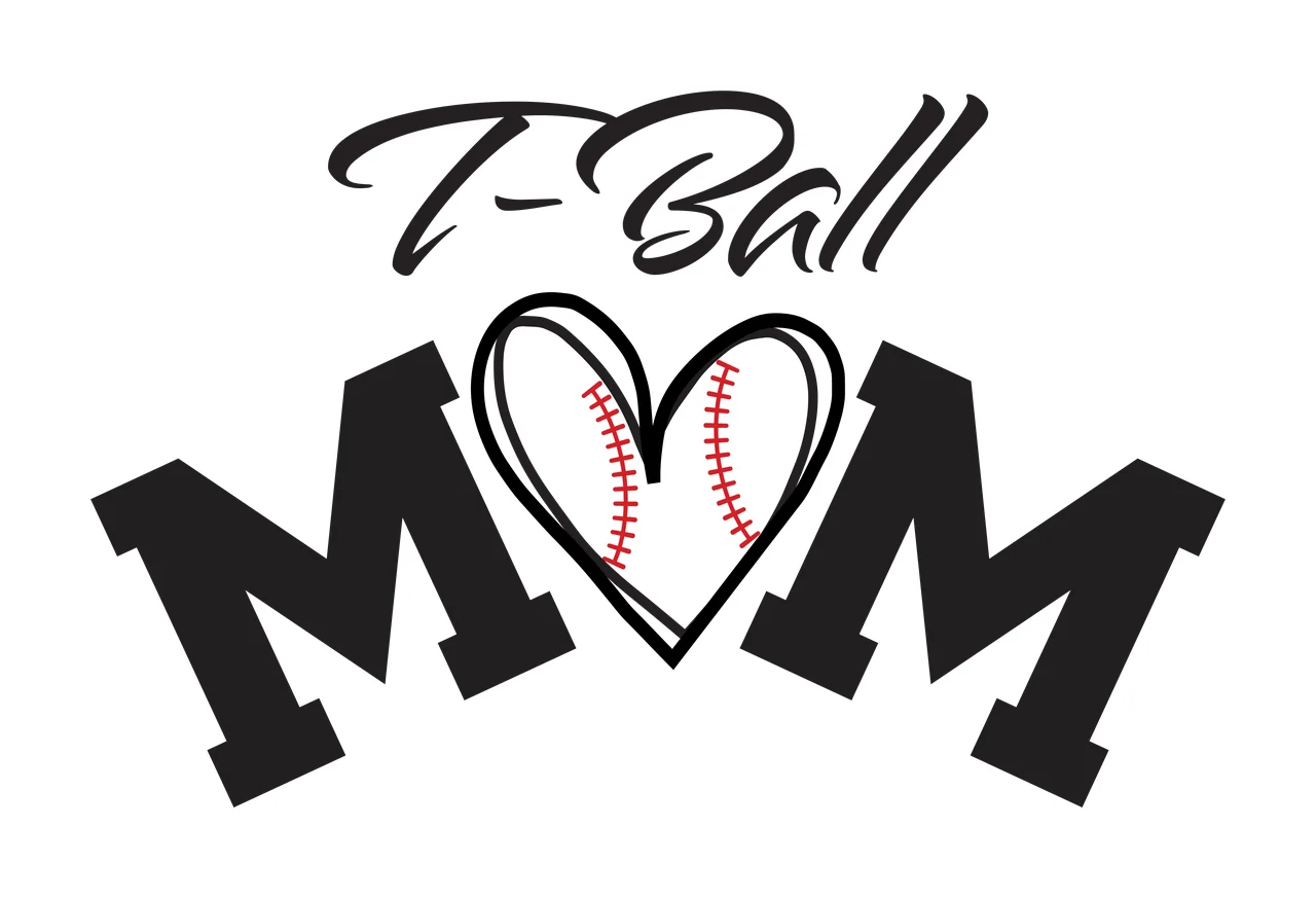 T-Ball MOM Typography Design with T-Ball text, heart shape and baseball with red stitching in black