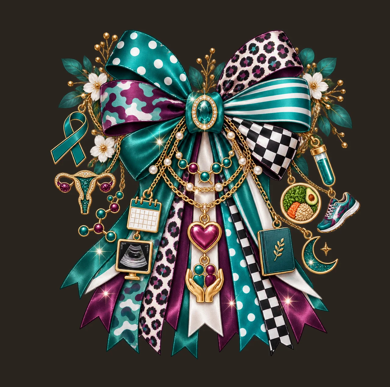 PCOS Awareness Bow Charm PNG, Themed Gold Chain Charms, Coquette Ribbon Sublimation Design, Transparent Digital Download contrast preview thumbnail