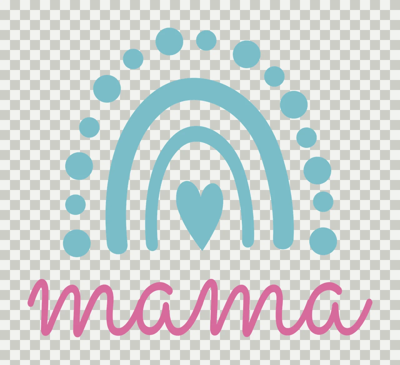 Mama Typography Design with mama script lettering, light blue rainbow arch, center heart icon and outer dotted arch in pink and white transparency and detail preview thumbnail
