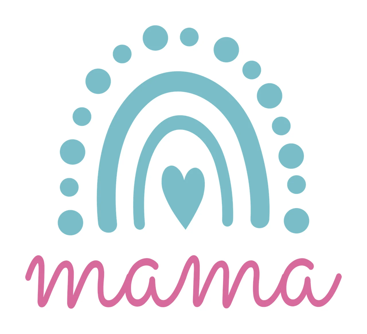 Mama Typography Design with mama script lettering, light blue rainbow arch, center heart icon and outer dotted arch in pink and white