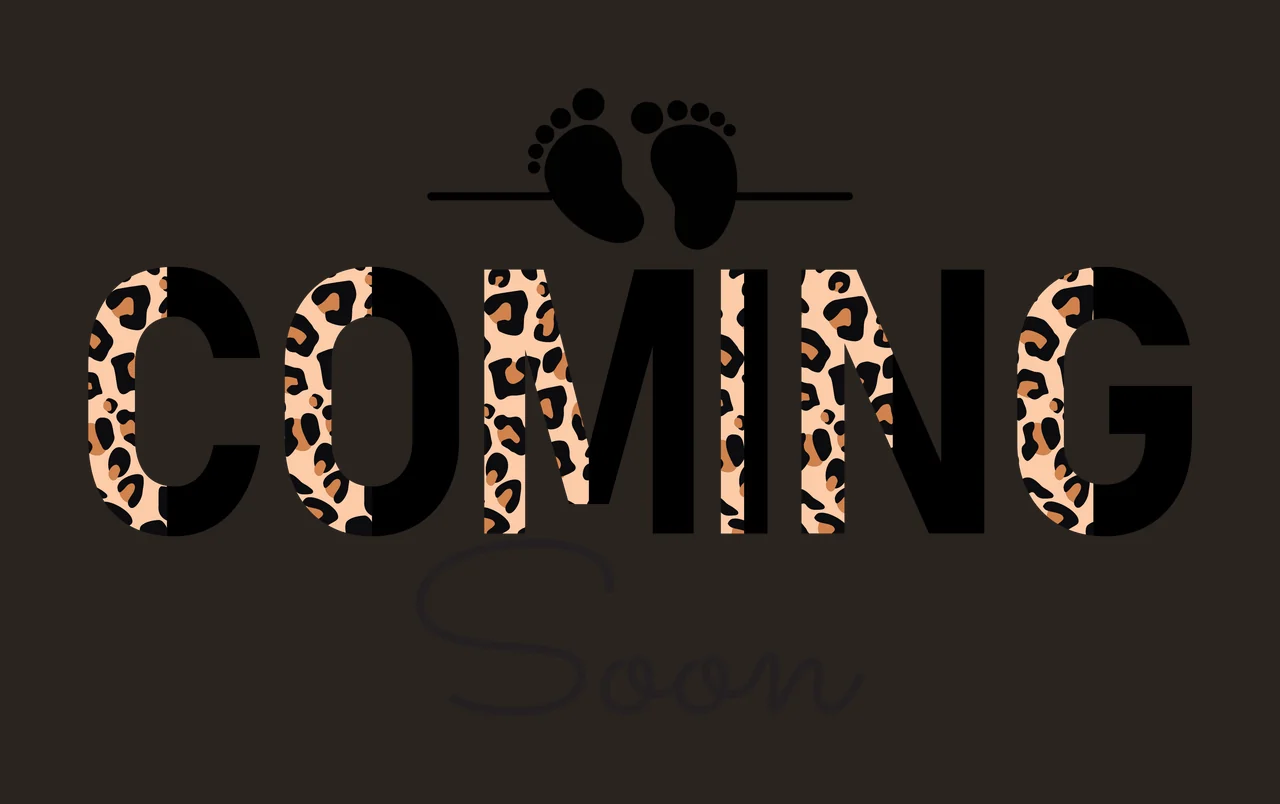 COMING Soon Typography Design with COMING text, baby footprints icon, leopard print pattern and horizontal line in black, tan and brown contrast preview thumbnail