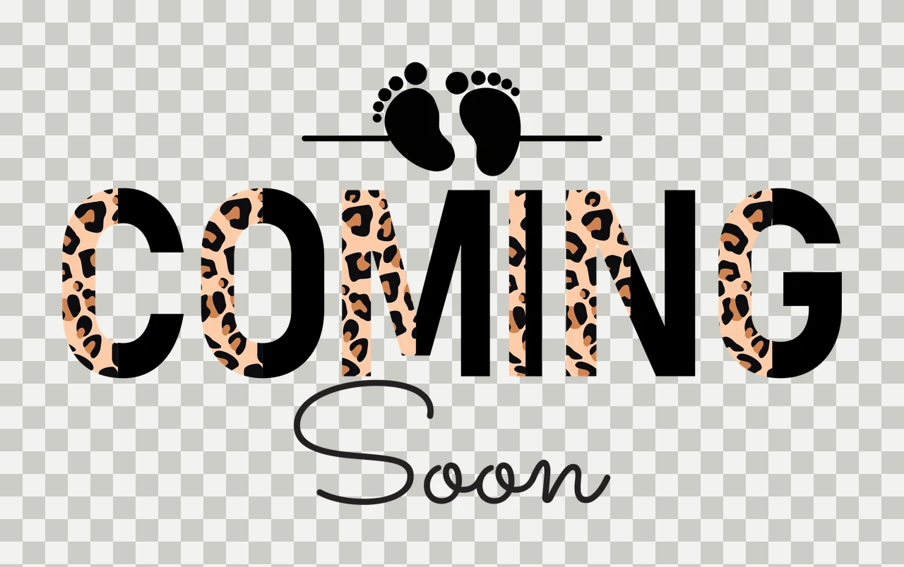 COMING Soon Typography Design with COMING text, baby footprints icon, leopard print pattern and horizontal line in black, tan and brown transparency and detail preview thumbnail