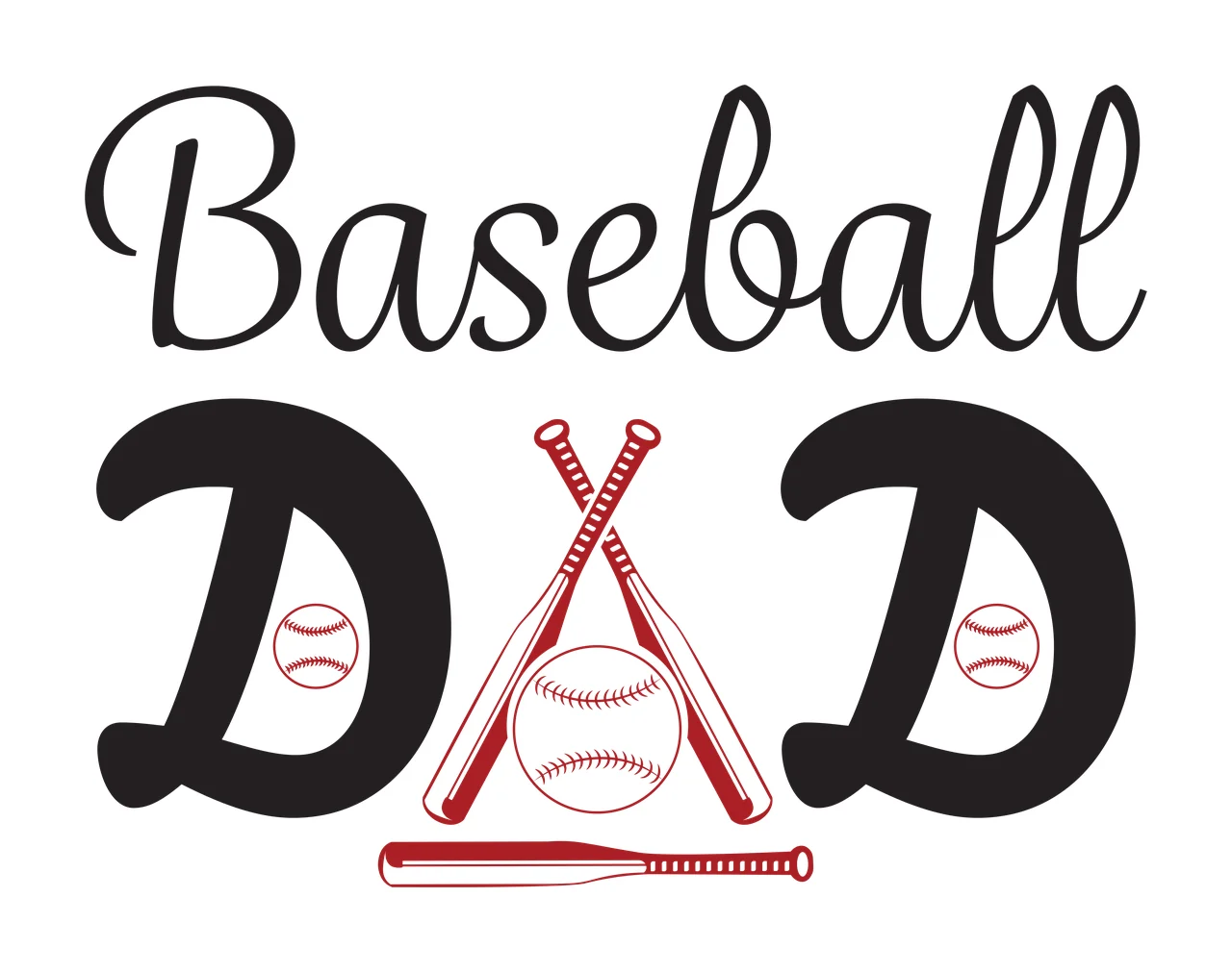 Baseball DAD Typography Design with crossed bats, central baseball, two small baseballs and horizontal bat in black and red