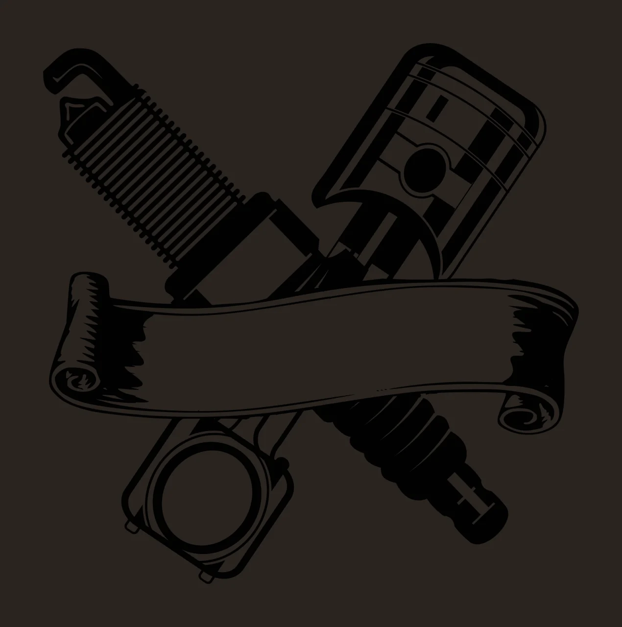 Mechanic Crossed Spark Plug And Piston Banner black white engine contrast preview thumbnail