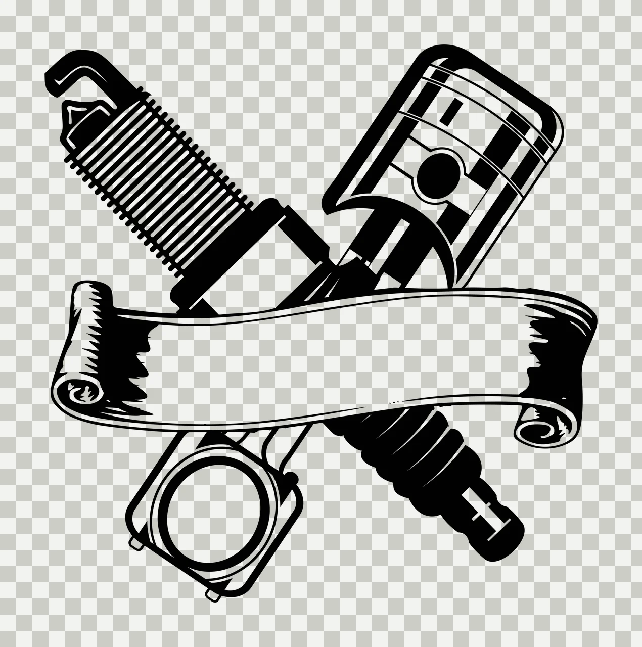 Mechanic Crossed Spark Plug And Piston Banner black white engine transparency and detail preview thumbnail