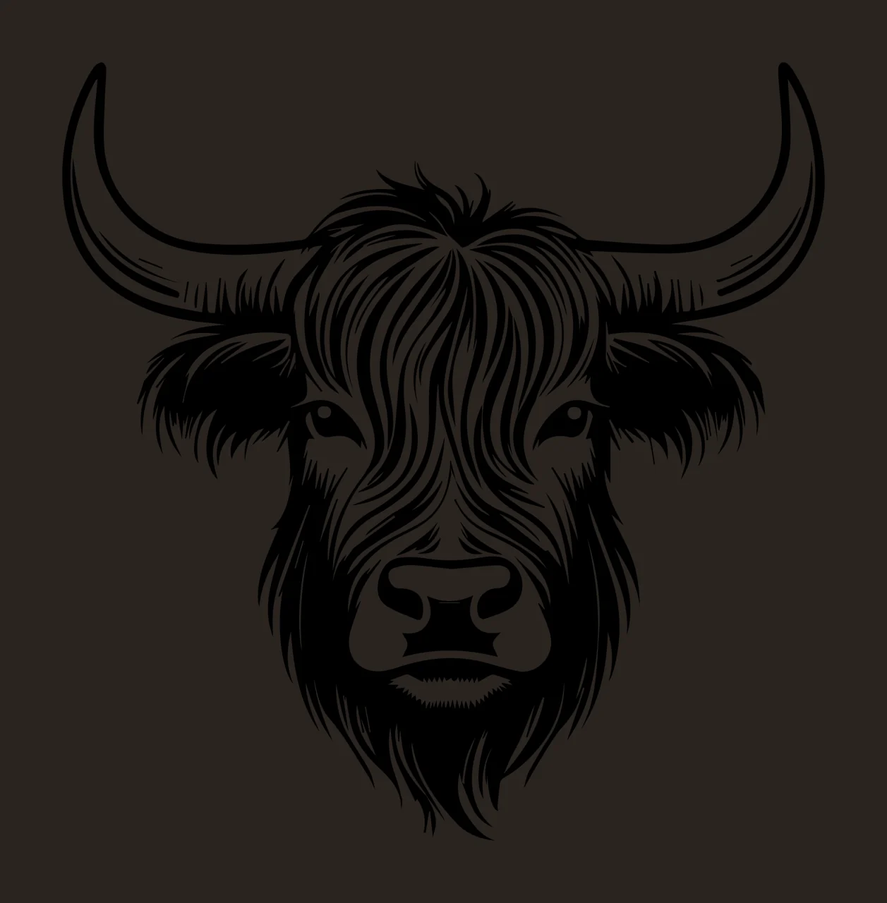 Cow Highland Head With Large Horns fur engraving black white contrast preview thumbnail