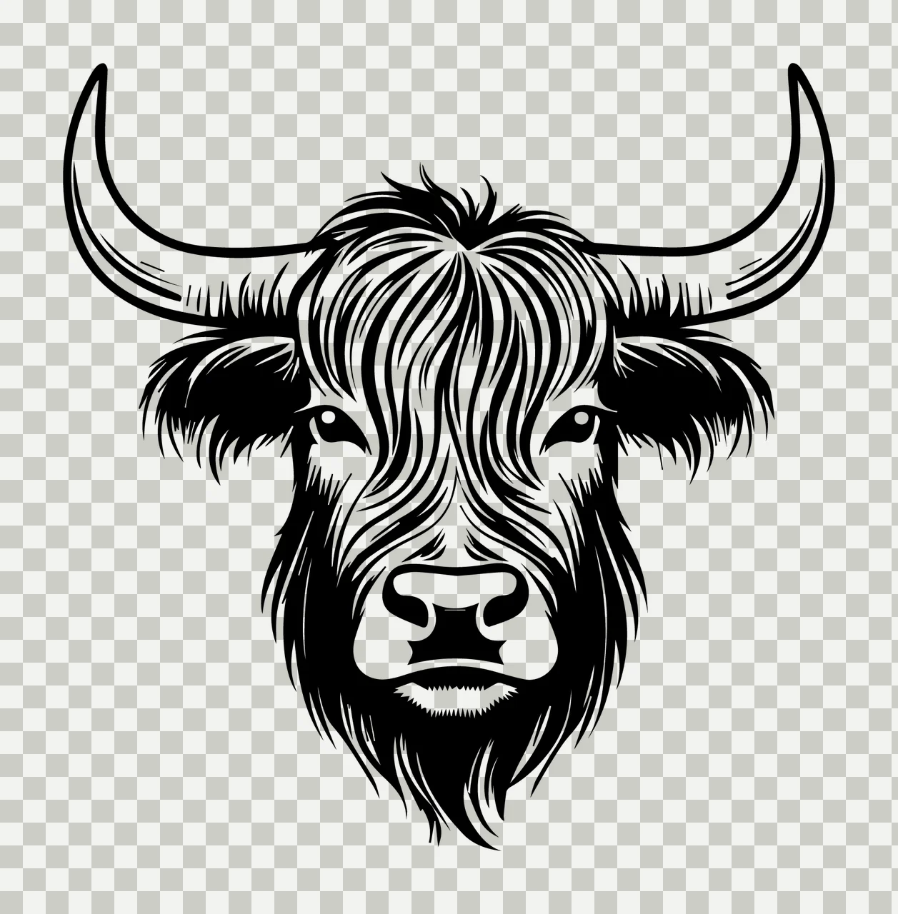 Cow Highland Head With Large Horns fur engraving black white transparency and detail preview thumbnail