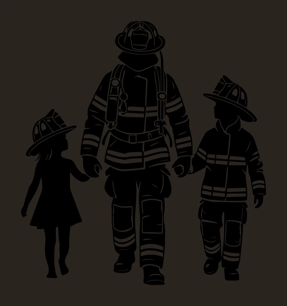 Firefighter Standing With Two Children In Uniform person helmet contrast preview thumbnail