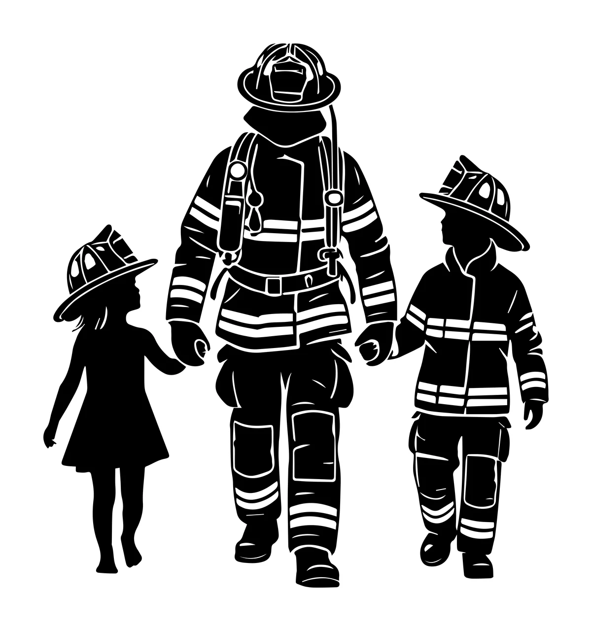 Firefighter Standing With Two Children In Uniform person helmet