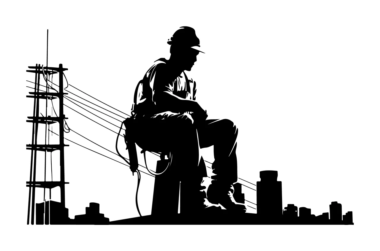 Construction Worker Silhouette On Steel Tower sitting cable