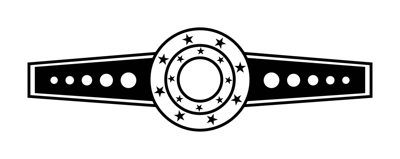 Championship belt Illustration with central circular plate, stars, concentric circles and tapered side straps in black and white