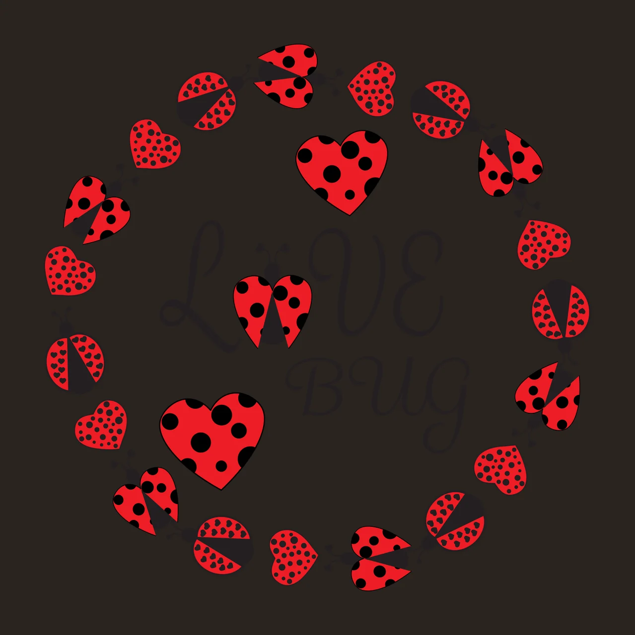 LOVE BUG Typography Design with red ladybug with black spots, red heart with black spots, black text 'LOVE BUG' and ladybug with black wing cover contrast preview thumbnail